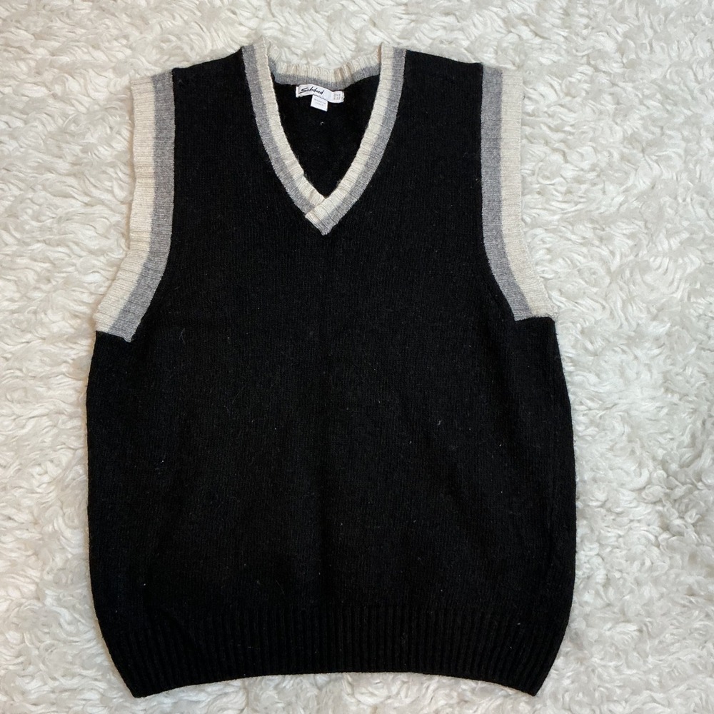 Subdued Black Grey‎ Cream V Neck Striped Trim One Size Vest Made in Italy